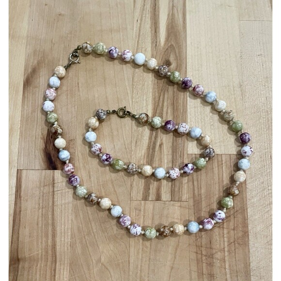 Unbranded Jewelry - Vintage Multicolor Splatter Knotted Glass Bead Necklace Bracelet Set Art Deco
